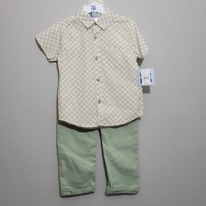 Little Lad NWT 2 Piece Outfit Tan Gingham Shirt & Green Chinos Set 4T